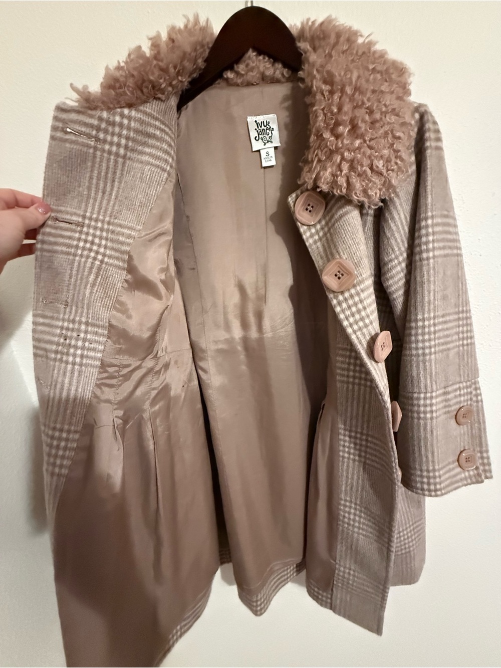 ivy jane Beige Plaid Pea Coat with Faux Fur Collar - Picture 3 of 6